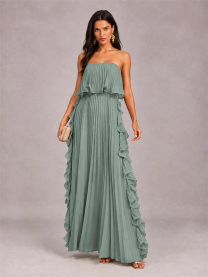 Strapless A-Line Chiffon Ruffle Pleated Floor-Length Wedding Guest Dress