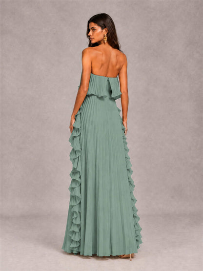 Strapless A-Line Chiffon Ruffle Pleated Floor-Length Wedding Guest Dress