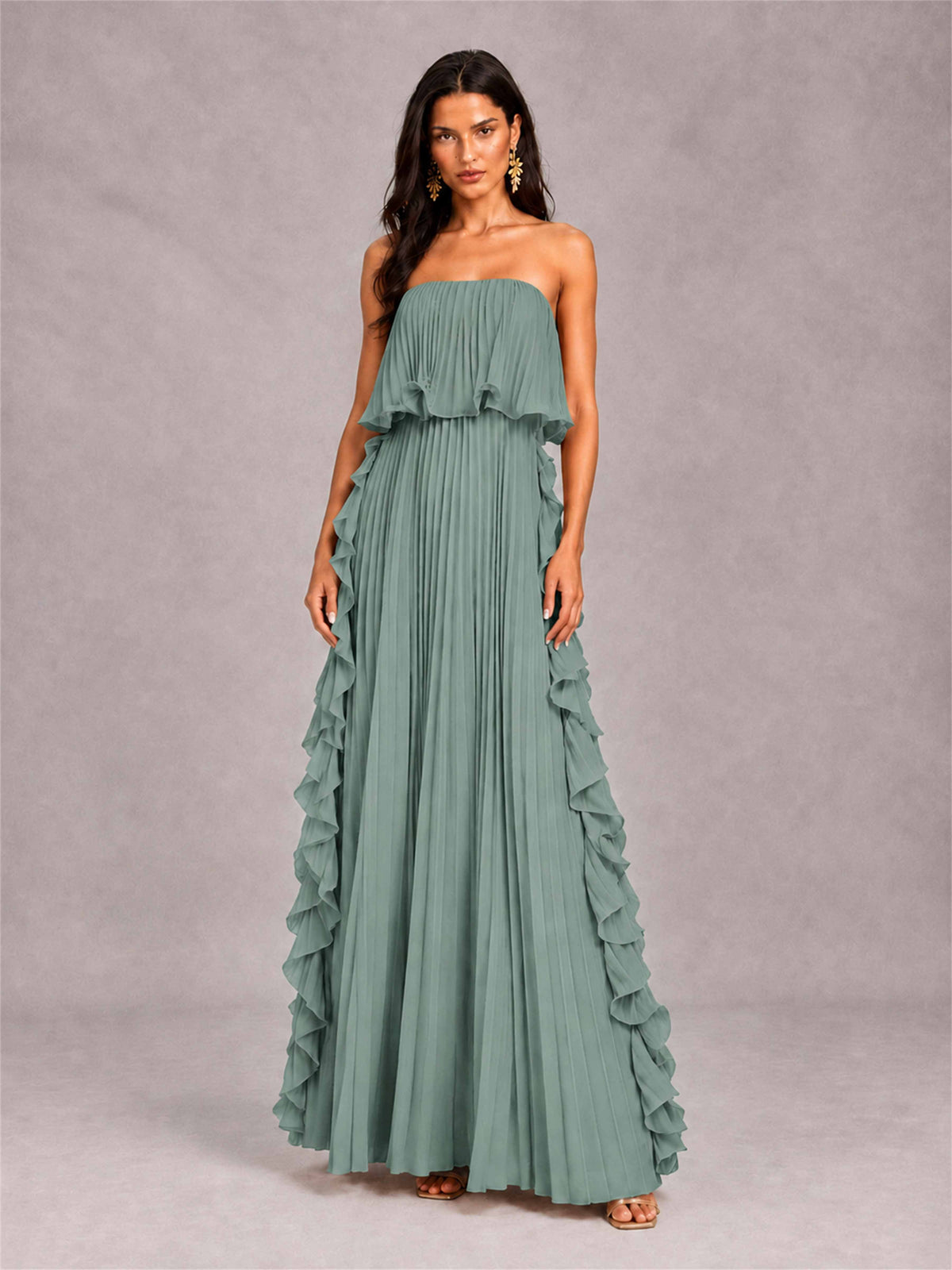 Strapless A-Line Chiffon Ruffle Pleated Floor-Length Wedding Guest Dress