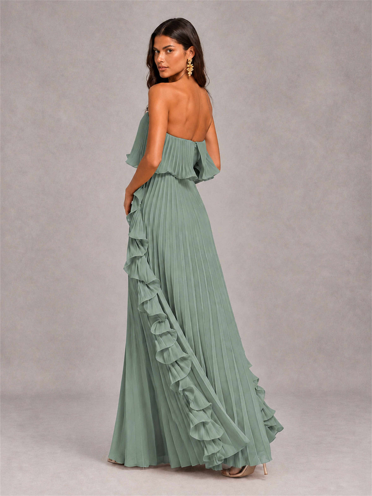 Strapless A-Line Chiffon Ruffle Pleated Floor-Length Wedding Guest Dress