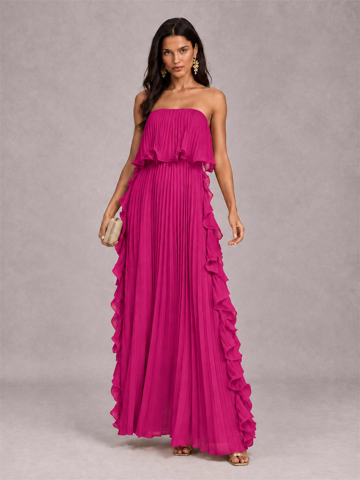 Strapless A-Line Chiffon Ruffle Pleated Floor-Length Wedding Guest Dress