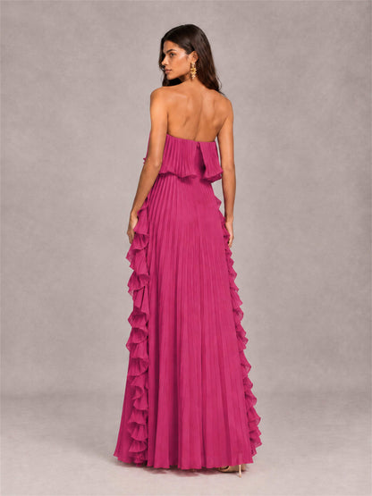 Strapless A-Line Chiffon Ruffle Pleated Floor-Length Wedding Guest Dress