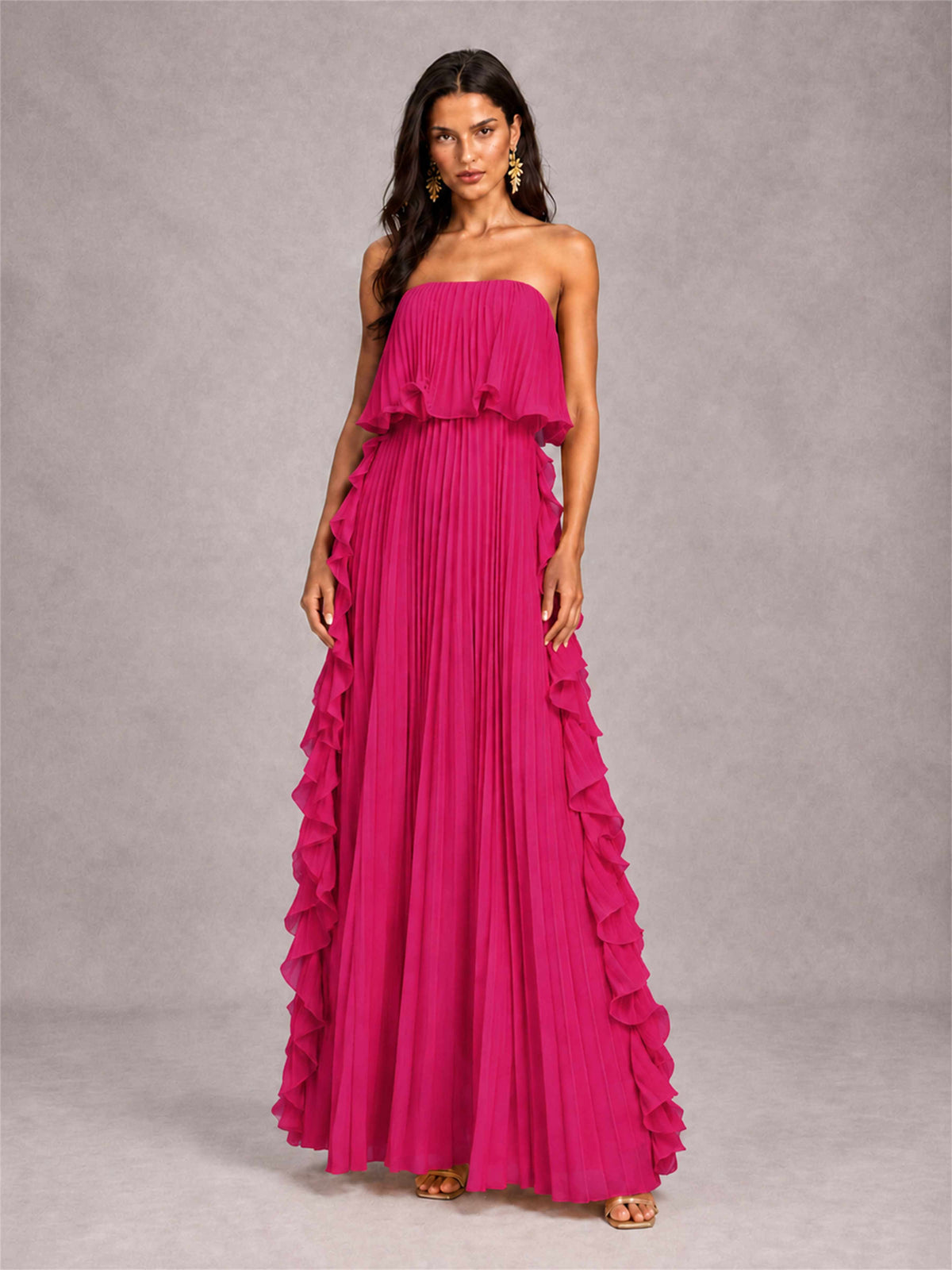 Strapless A-Line Chiffon Ruffle Pleated Floor-Length Wedding Guest Dress