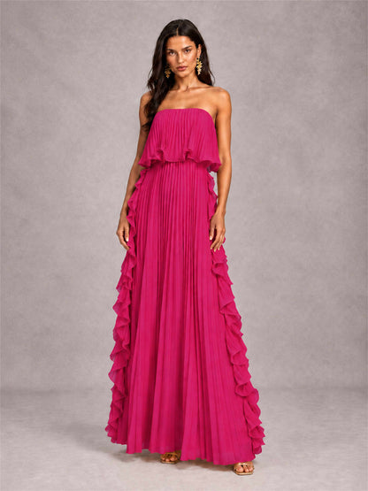 Strapless A-Line Chiffon Ruffle Pleated Floor-Length Wedding Guest Dress