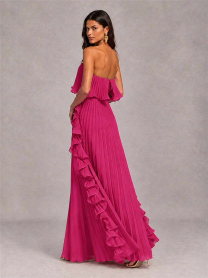 Strapless A-Line Chiffon Ruffle Pleated Floor-Length Wedding Guest Dress