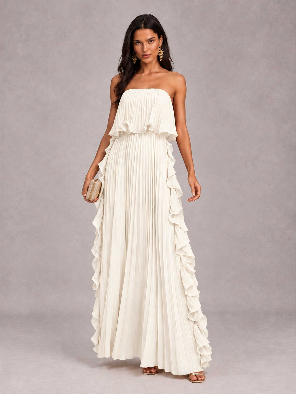 Strapless A-Line Chiffon Ruffle Pleated Floor-Length Wedding Guest Dress