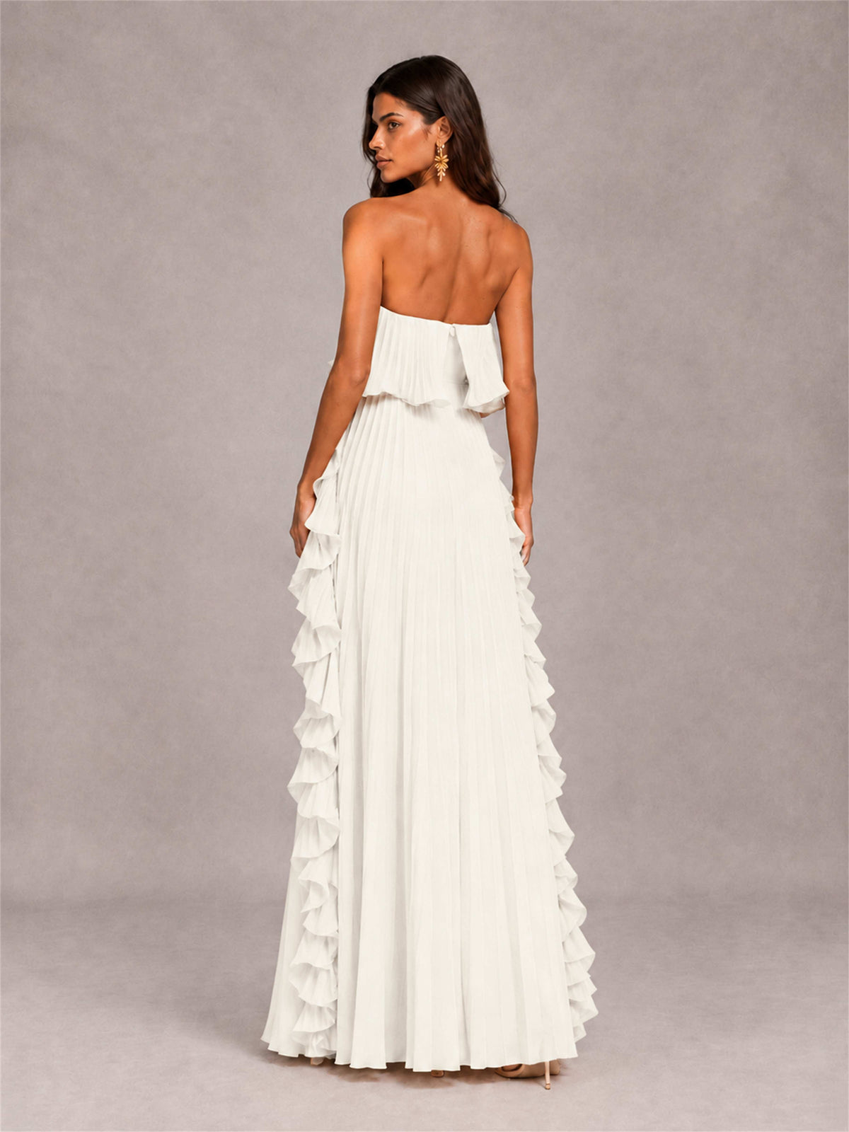 Strapless A-Line Chiffon Ruffle Pleated Floor-Length Wedding Guest Dress