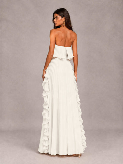 Strapless A-Line Chiffon Ruffle Pleated Floor-Length Wedding Guest Dress