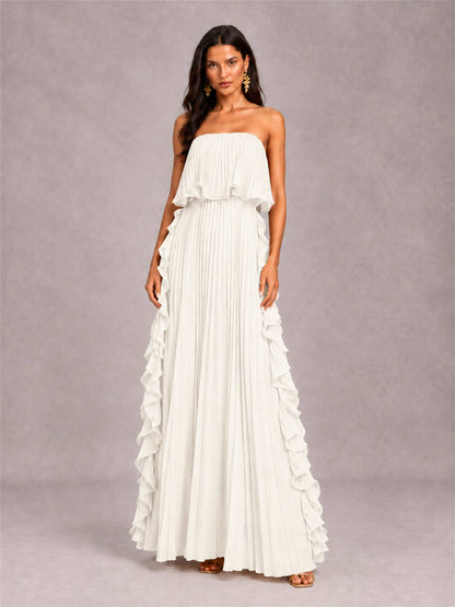 Strapless A-Line Chiffon Ruffle Pleated Floor-Length Wedding Guest Dress