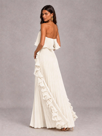 Strapless A-Line Chiffon Ruffle Pleated Floor-Length Wedding Guest Dress