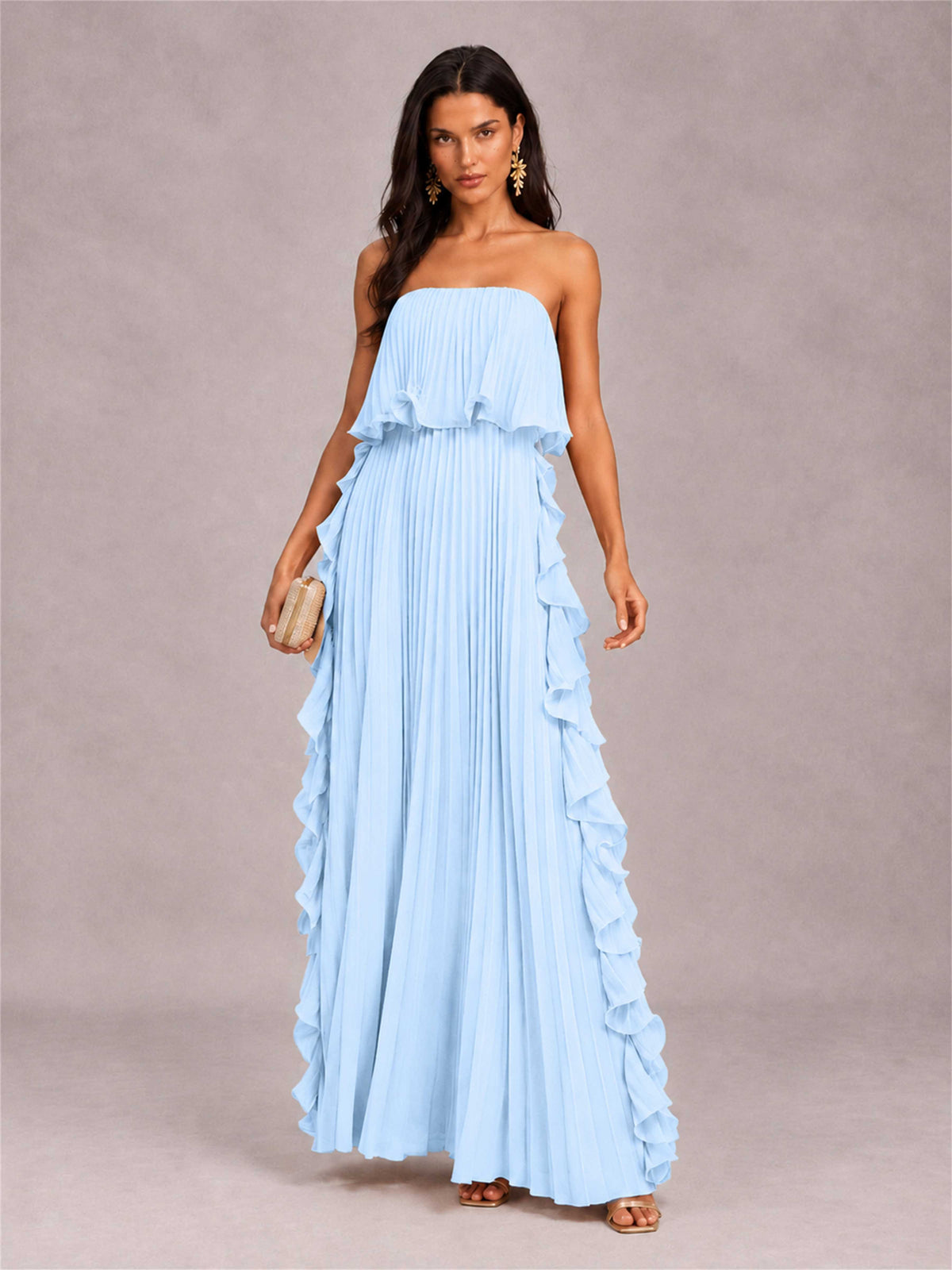 Strapless A-Line Chiffon Ruffle Pleated Floor-Length Wedding Guest Dress