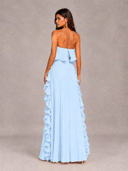 Strapless A-Line Chiffon Ruffle Pleated Floor-Length Wedding Guest Dress