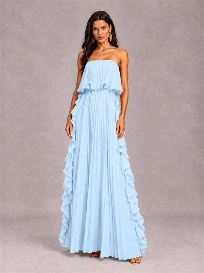 Strapless A-Line Chiffon Ruffle Pleated Floor-Length Wedding Guest Dress