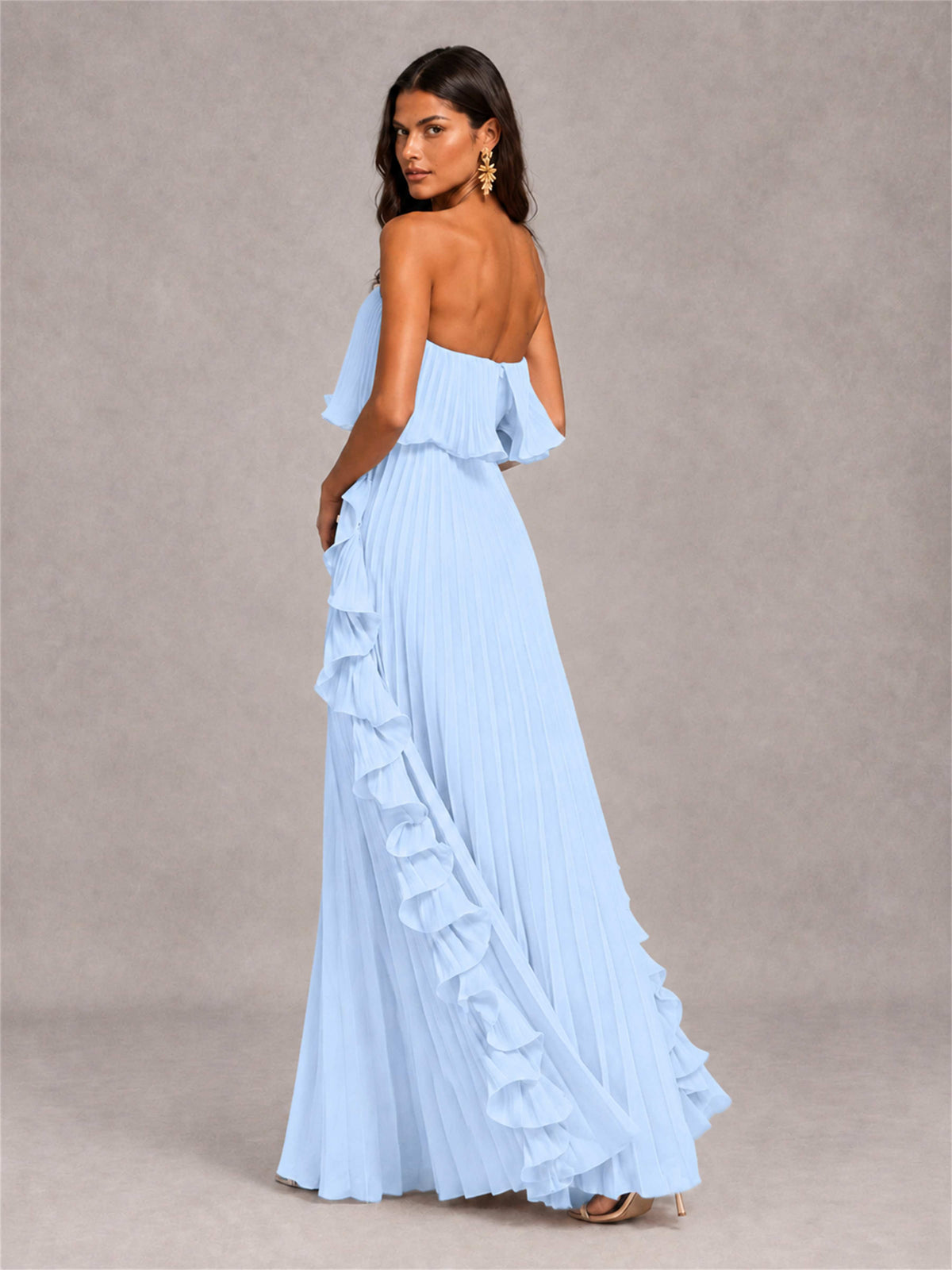 Strapless A-Line Chiffon Ruffle Pleated Floor-Length Wedding Guest Dress