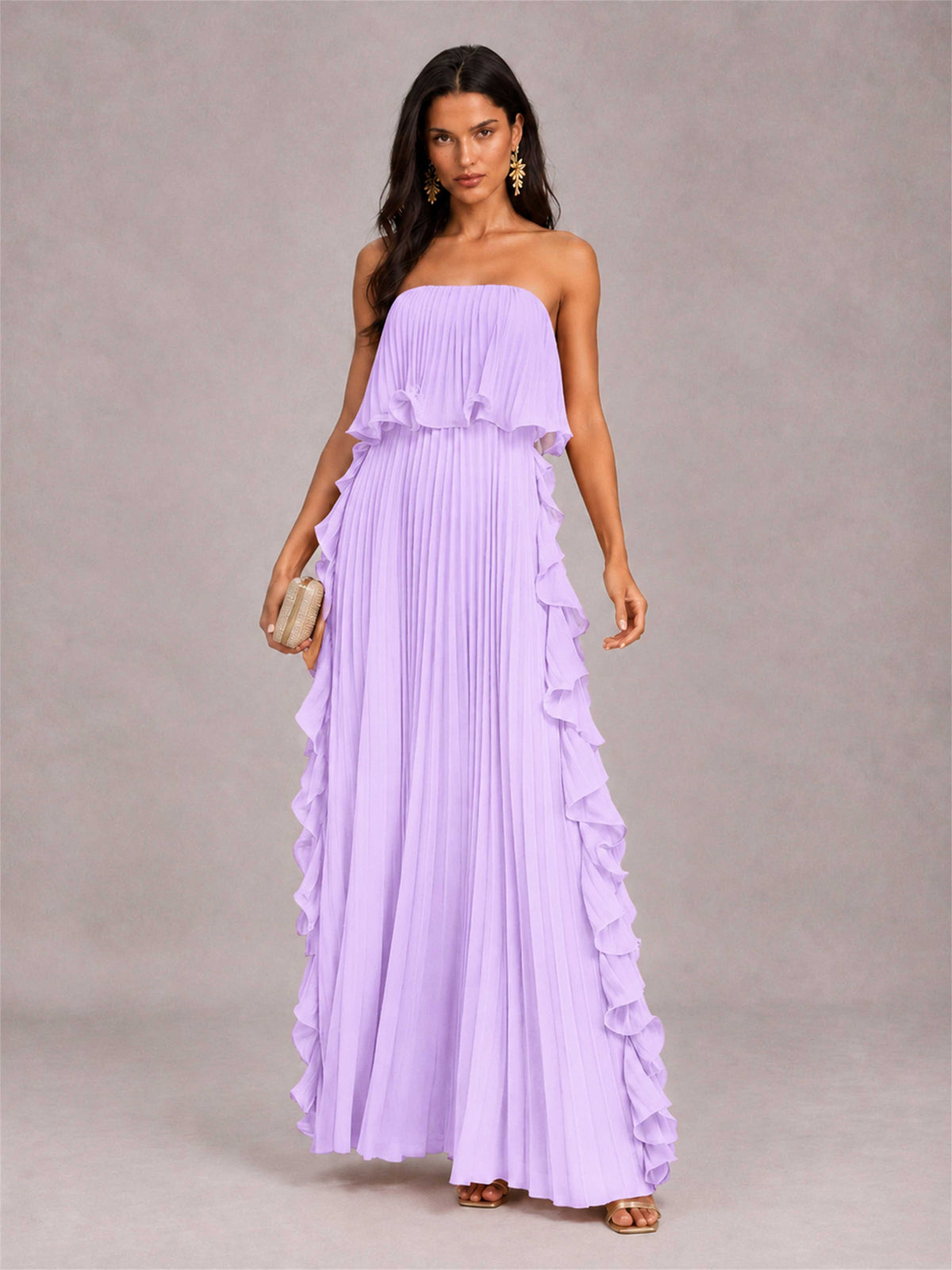 Strapless A-Line Chiffon Ruffle Pleated Floor-Length Wedding Guest Dress