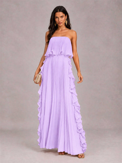Strapless A-Line Chiffon Ruffle Pleated Floor-Length Wedding Guest Dress