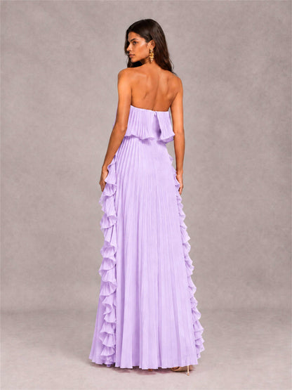 Strapless A-Line Chiffon Ruffle Pleated Floor-Length Wedding Guest Dress