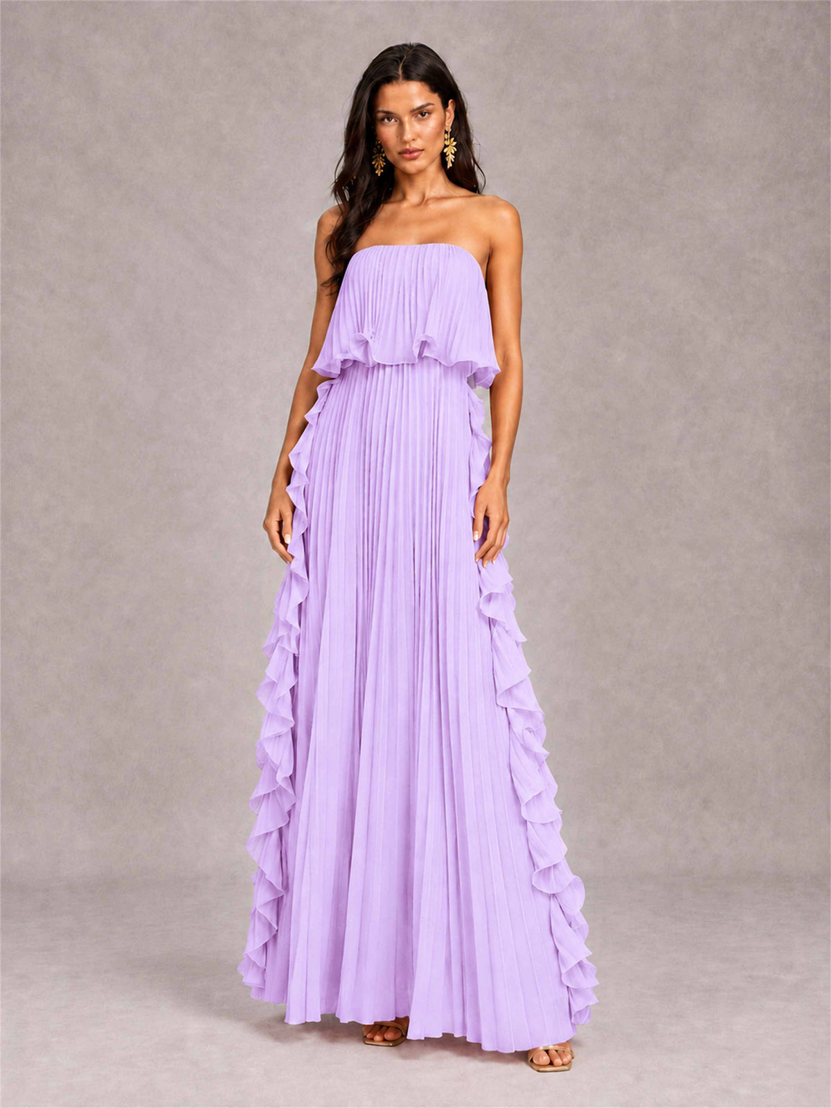 Strapless A-Line Chiffon Ruffle Pleated Floor-Length Wedding Guest Dress