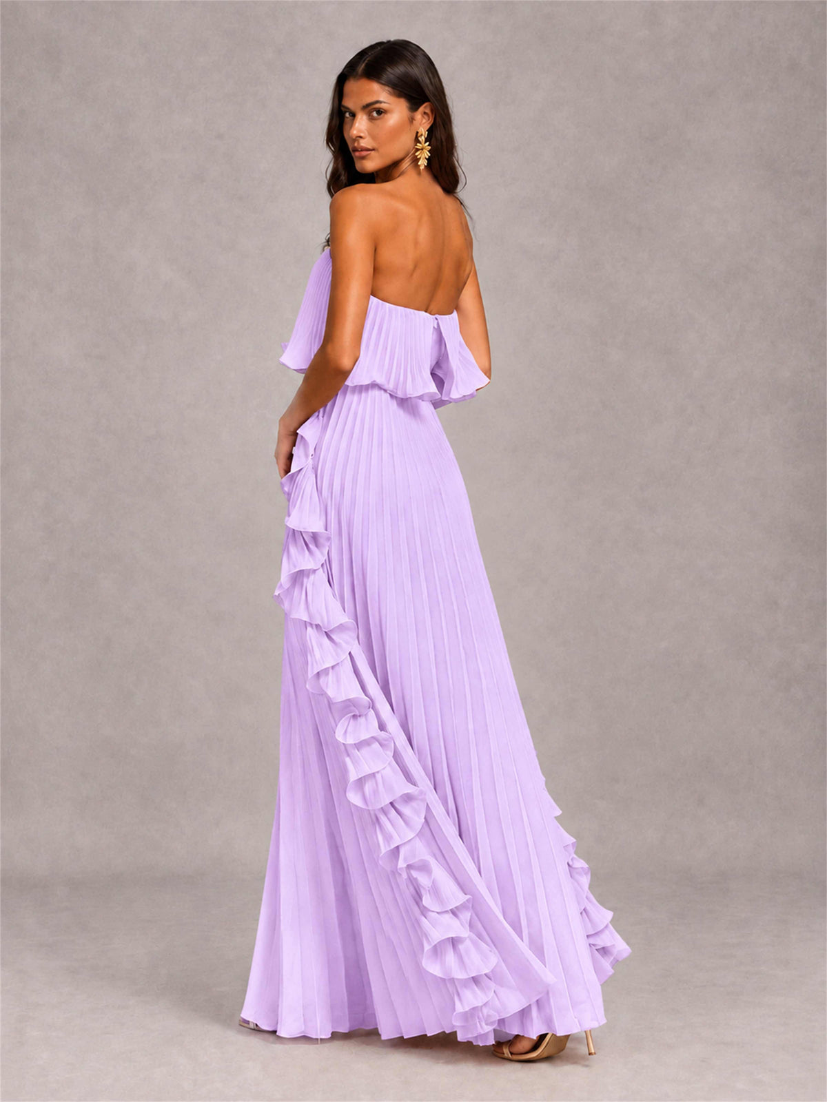 Strapless A-Line Chiffon Ruffle Pleated Floor-Length Wedding Guest Dress