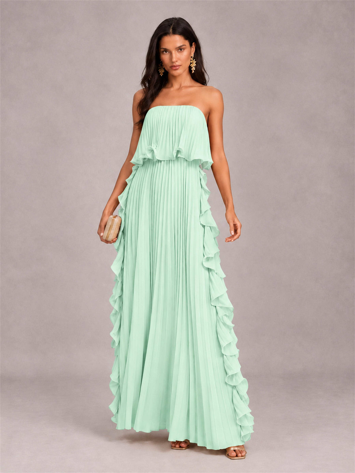 Strapless A-Line Chiffon Ruffle Pleated Floor-Length Wedding Guest Dress