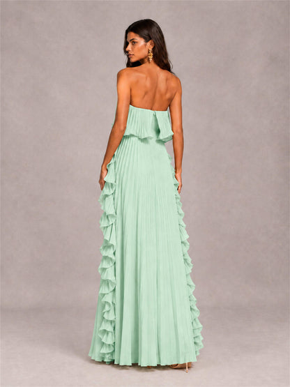 Strapless A-Line Chiffon Ruffle Pleated Floor-Length Wedding Guest Dress