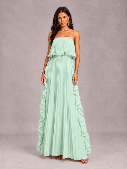 Strapless A-Line Chiffon Ruffle Pleated Floor-Length Wedding Guest Dress