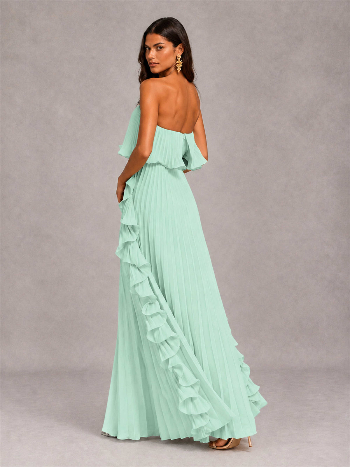 Strapless A-Line Chiffon Ruffle Pleated Floor-Length Wedding Guest Dress