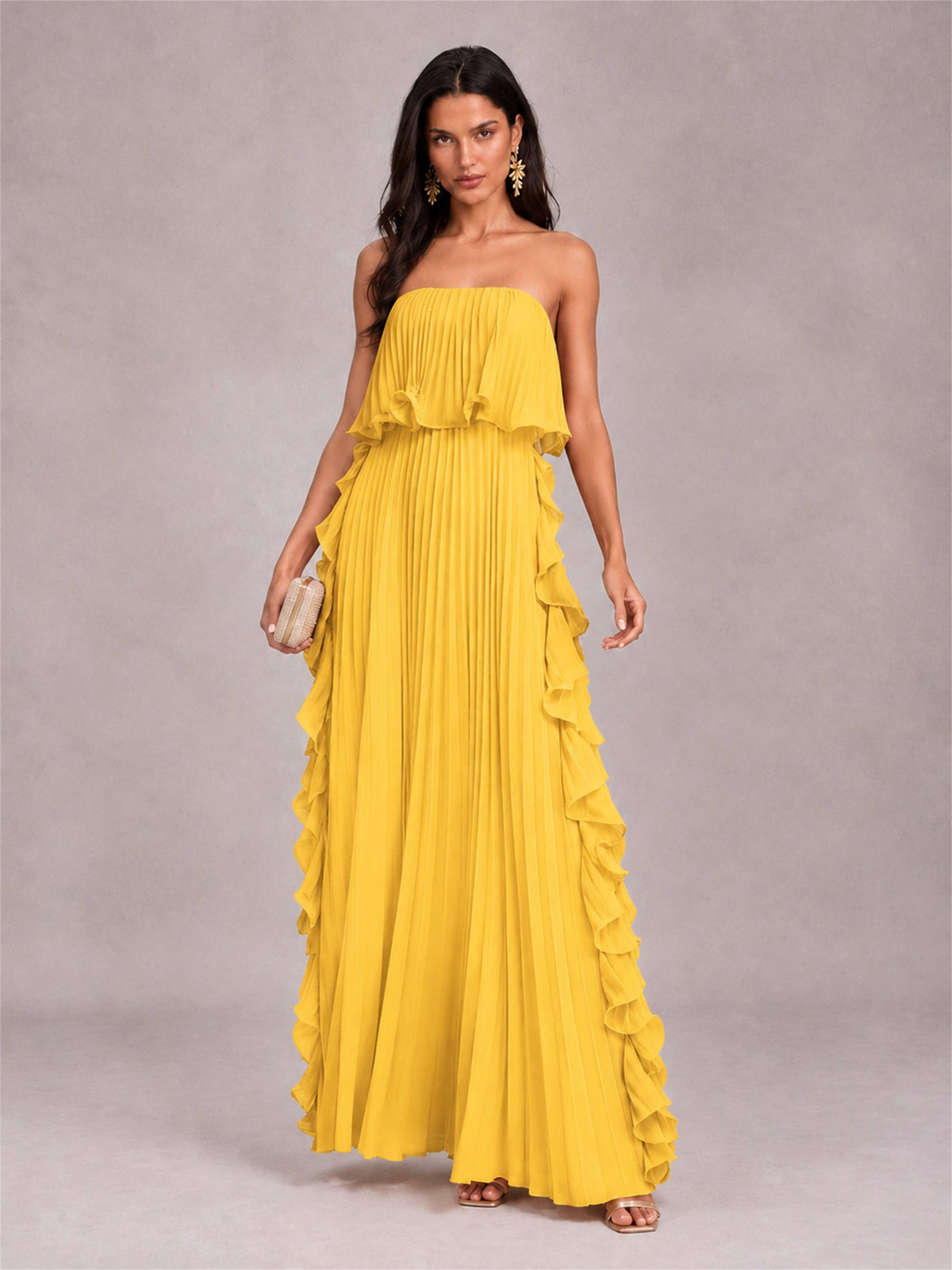 Strapless A-Line Chiffon Ruffle Pleated Floor-Length Wedding Guest Dress