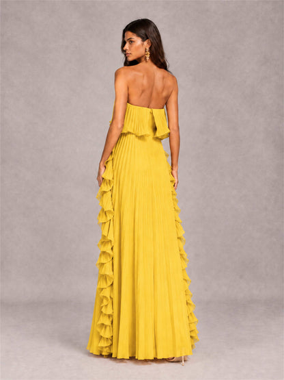 Strapless A-Line Chiffon Ruffle Pleated Floor-Length Wedding Guest Dress
