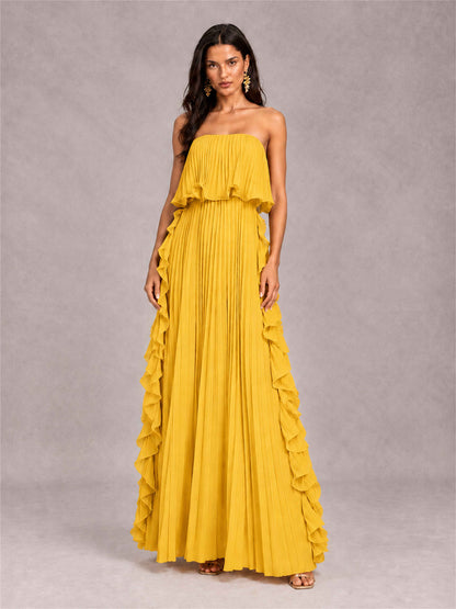 Strapless A-Line Chiffon Ruffle Pleated Floor-Length Wedding Guest Dress