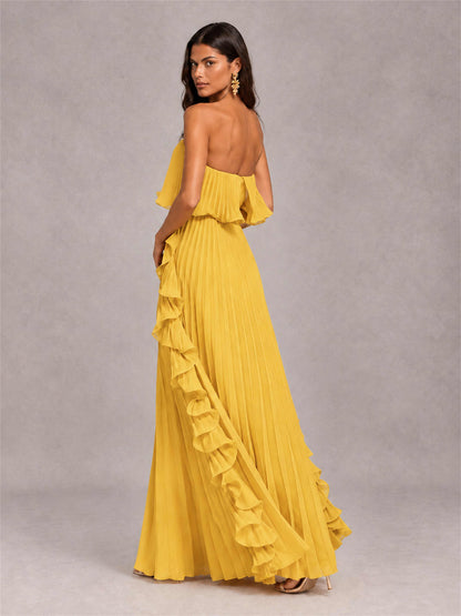 Strapless A-Line Chiffon Ruffle Pleated Floor-Length Wedding Guest Dress