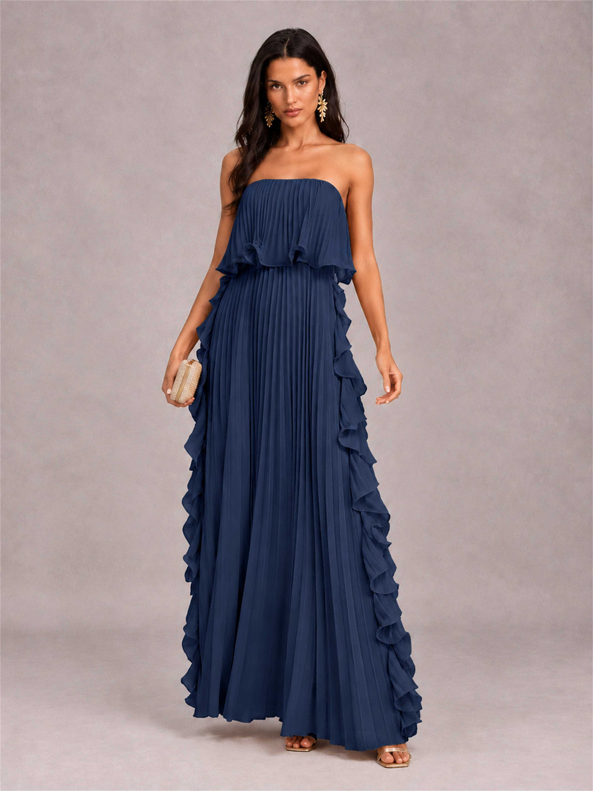 Strapless A-Line Chiffon Ruffle Pleated Floor-Length Wedding Guest Dress