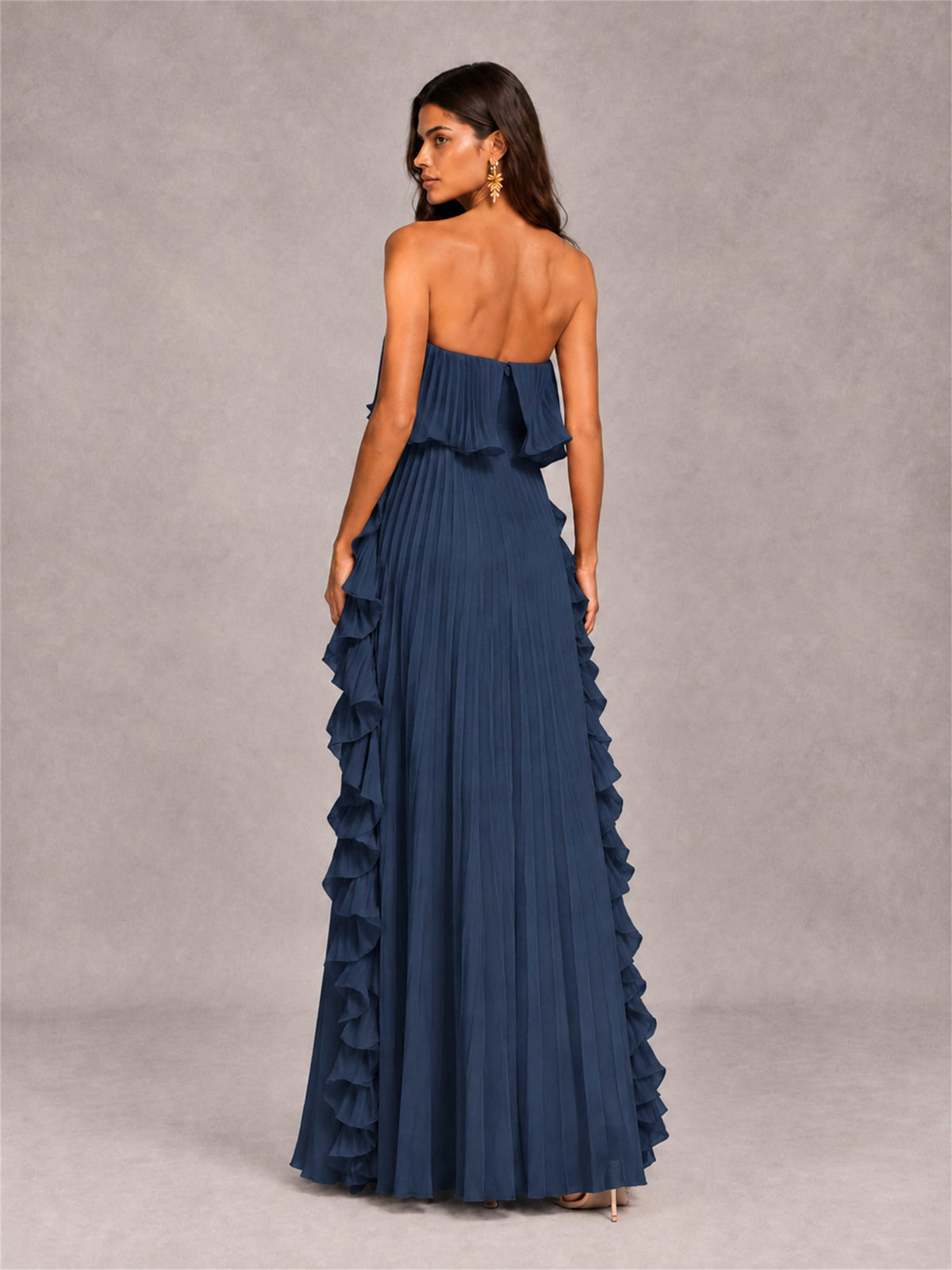 Strapless A-Line Chiffon Ruffle Pleated Floor-Length Wedding Guest Dress
