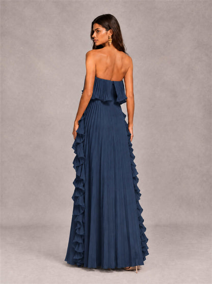 Strapless A-Line Chiffon Ruffle Pleated Floor-Length Wedding Guest Dress