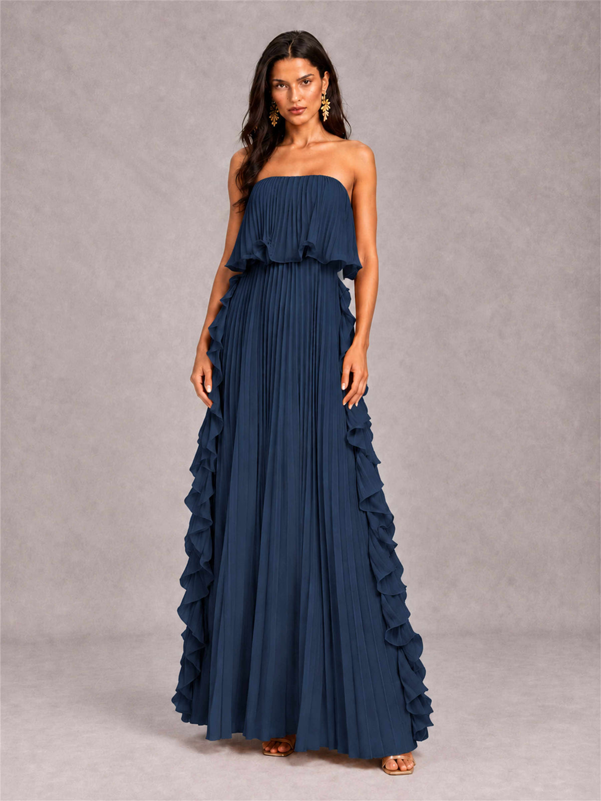 Strapless A-Line Chiffon Ruffle Pleated Floor-Length Wedding Guest Dress