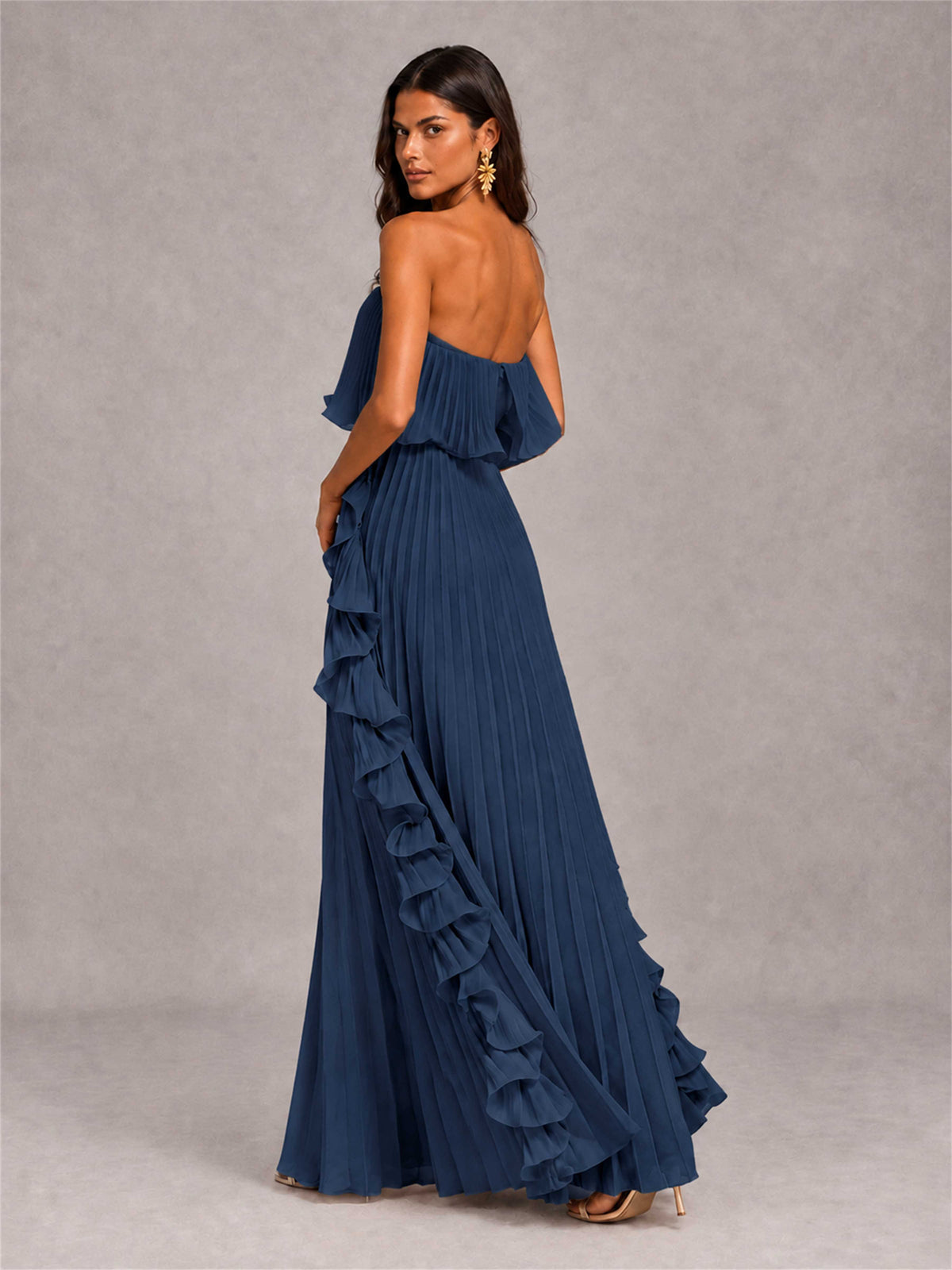 Strapless A-Line Chiffon Ruffle Pleated Floor-Length Wedding Guest Dress