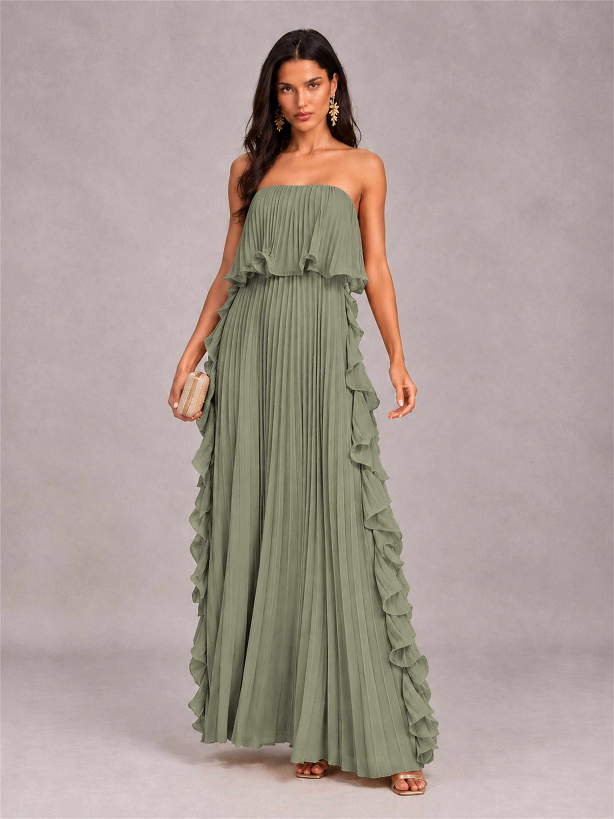 Strapless A-Line Chiffon Ruffle Pleated Floor-Length Wedding Guest Dress