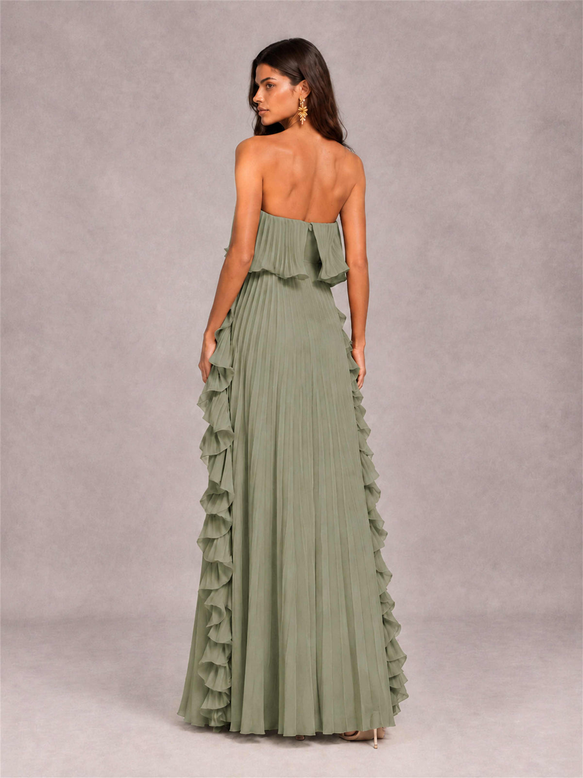 Strapless A-Line Chiffon Ruffle Pleated Floor-Length Wedding Guest Dress