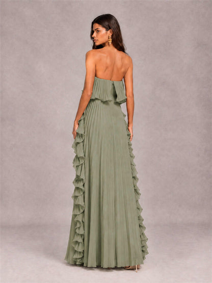 Strapless A-Line Chiffon Ruffle Pleated Floor-Length Wedding Guest Dress