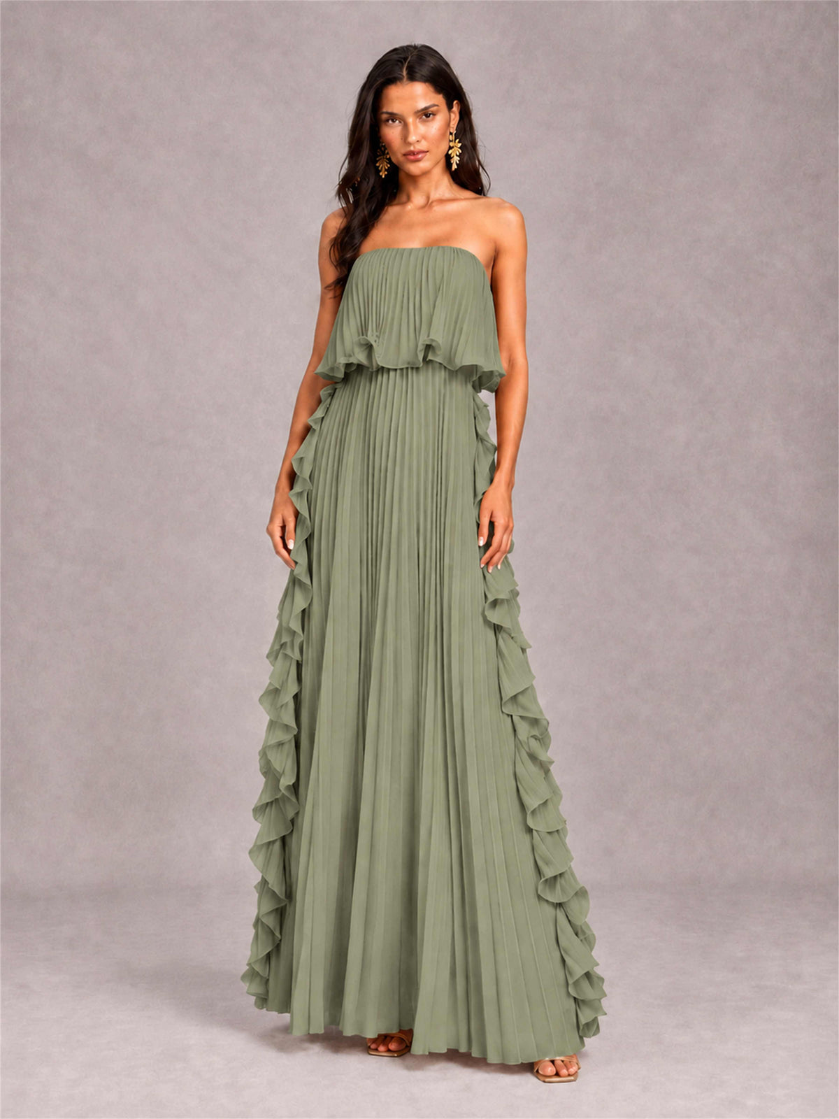 Strapless A-Line Chiffon Ruffle Pleated Floor-Length Wedding Guest Dress