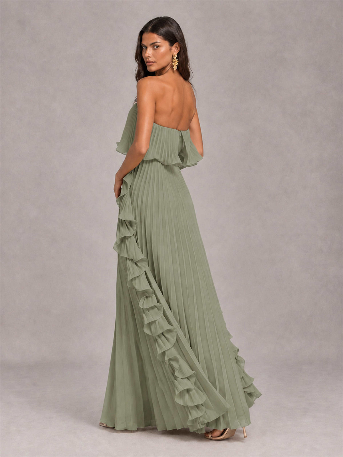 Strapless A-Line Chiffon Ruffle Pleated Floor-Length Wedding Guest Dress