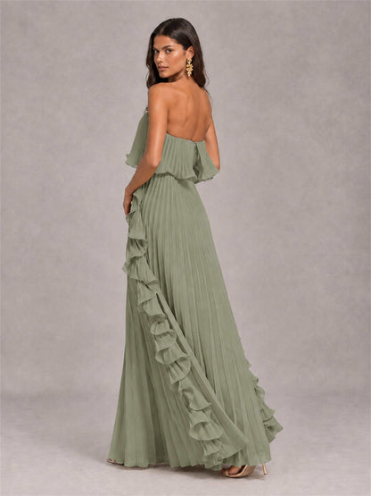 Strapless A-Line Chiffon Ruffle Pleated Floor-Length Wedding Guest Dress