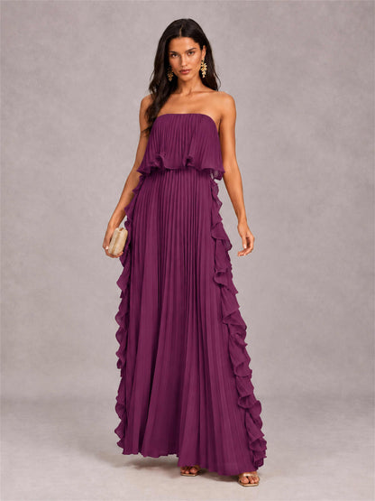Strapless A-Line Chiffon Ruffle Pleated Floor-Length Wedding Guest Dress