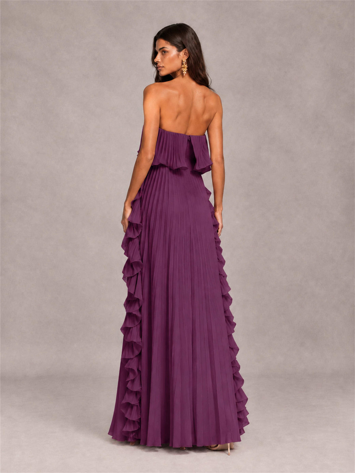 Strapless A-Line Chiffon Ruffle Pleated Floor-Length Wedding Guest Dress