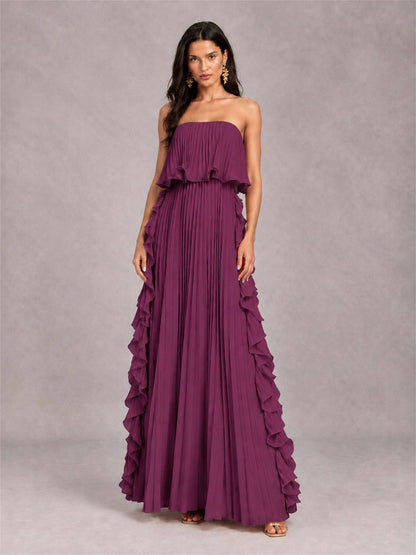 Strapless A-Line Chiffon Ruffle Pleated Floor-Length Wedding Guest Dress