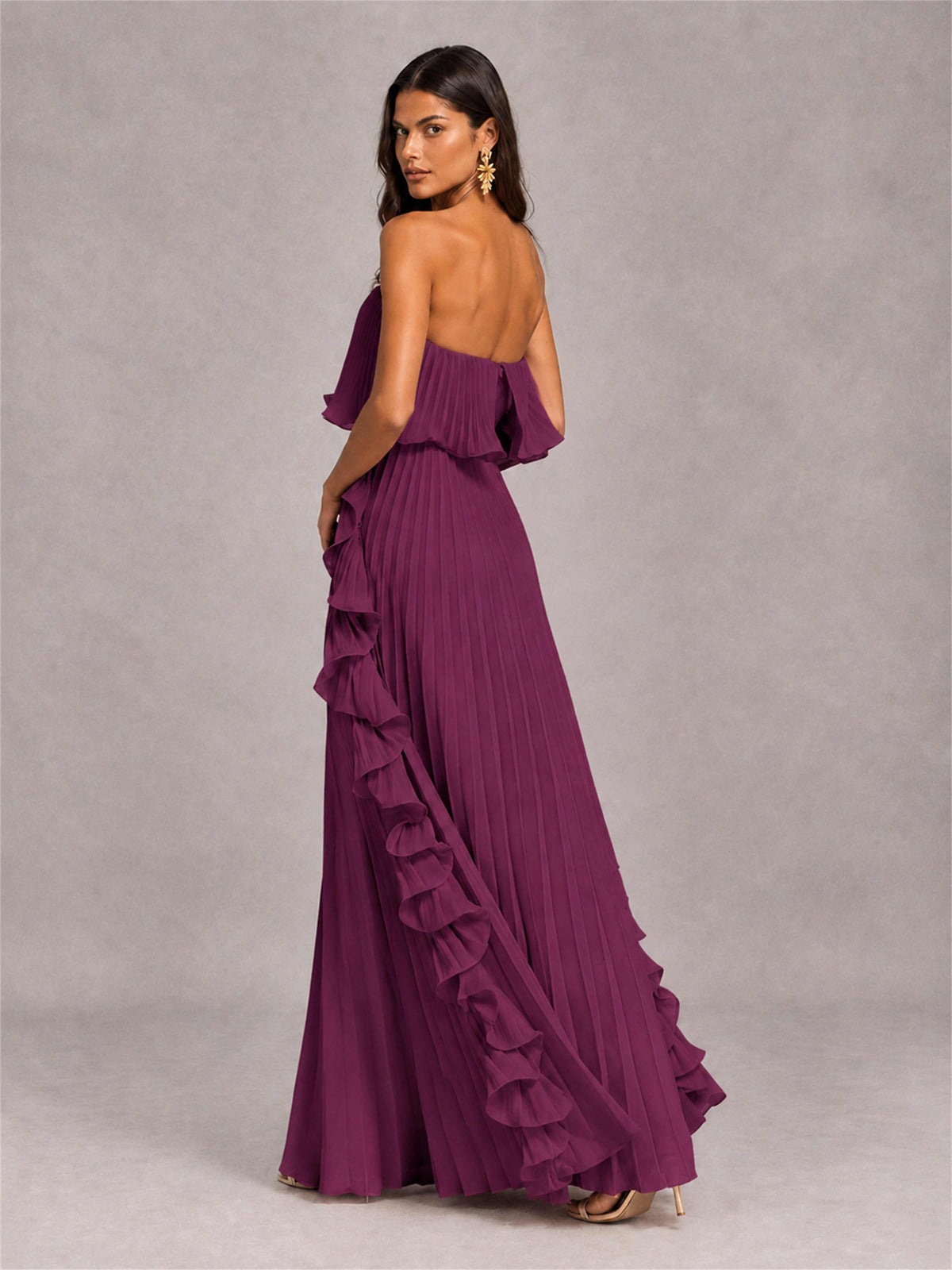 Strapless A-Line Chiffon Ruffle Pleated Floor-Length Wedding Guest Dress
