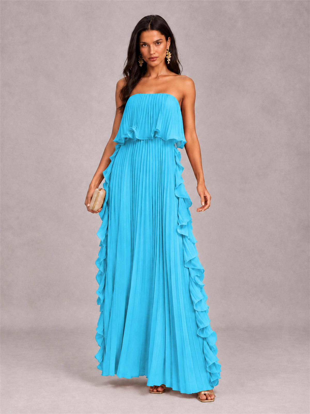 Strapless A-Line Chiffon Ruffle Pleated Floor-Length Wedding Guest Dress