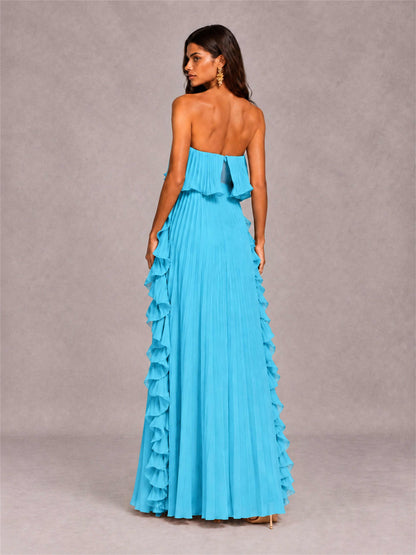 Strapless A-Line Chiffon Ruffle Pleated Floor-Length Wedding Guest Dress