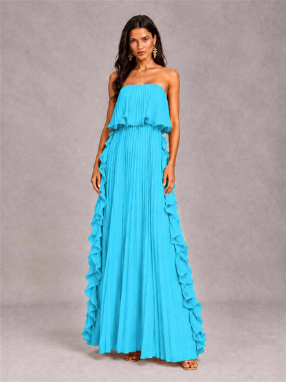 Strapless A-Line Chiffon Ruffle Pleated Floor-Length Wedding Guest Dress