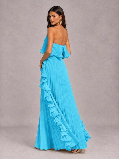 Strapless A-Line Chiffon Ruffle Pleated Floor-Length Wedding Guest Dress